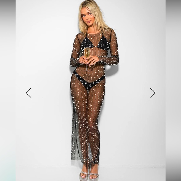 NWOT Beach Bunny Champagne Nights Pearl Mesh Dress in Black - Picture 3 of 10